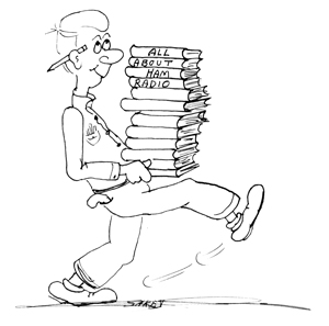 Cartoon guy carring stack of ham radio books = all about ham radio.