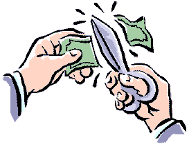 Scissors cutting a dollar bill - budget cutting