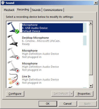 Recording device list in Windows 7 with default device selected.