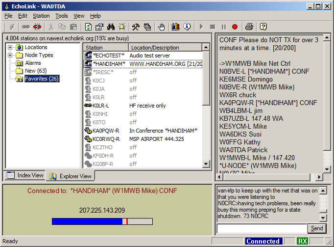 Echolink screenshot showing connection during today's Handiham net.