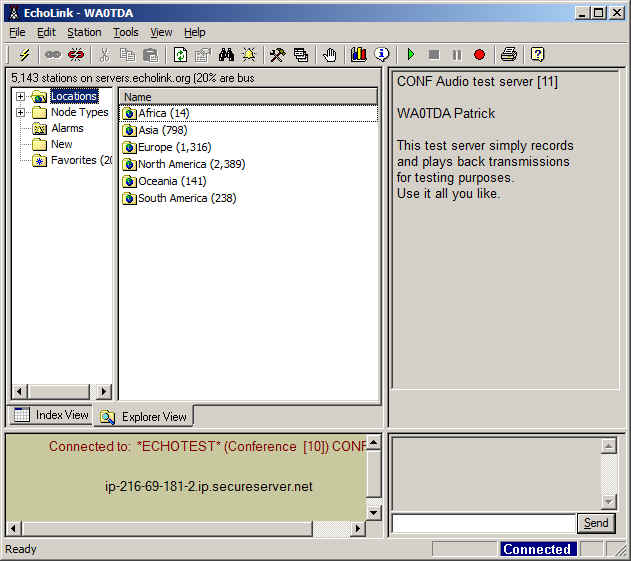 EchoLink screenshot showing test server connected.