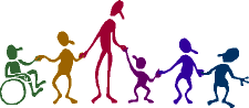 cartoon people lined up holding hands, big, little, different colors, one using wheelchair