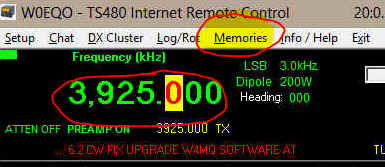 Screenshot highlighting frequency set to 3,925.000  and "Memories" in the menu bar.