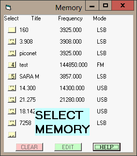 Screenshot of Memory dialog showing SELECT MEMORY message after EDIT is clicked.  EDIT and CLEAR are greyed out, but HELP is not.