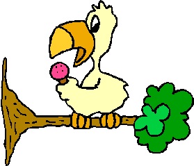 Cartoon parrot on tree branch, holding microphone.