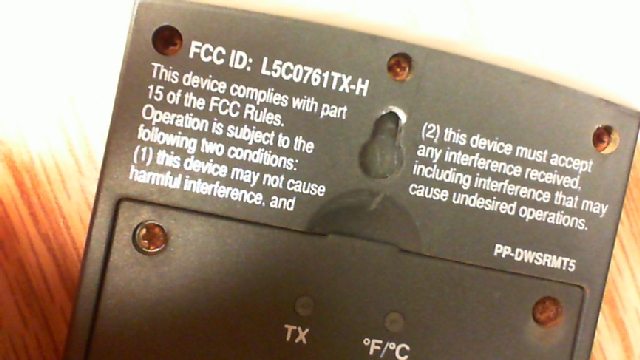 Back of remote sensor showing FCC statement