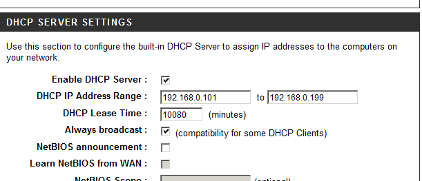 Screenshot showing DHCP server settings
