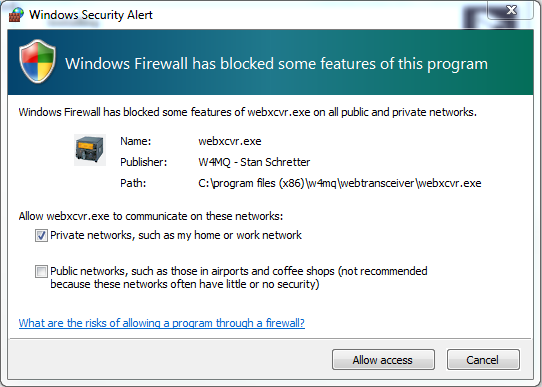 Windows security alert dialog showing "Windows has blocked some features of this program." The program is webxcvr.exe."Private networks, such as my home or work network" is selected.  