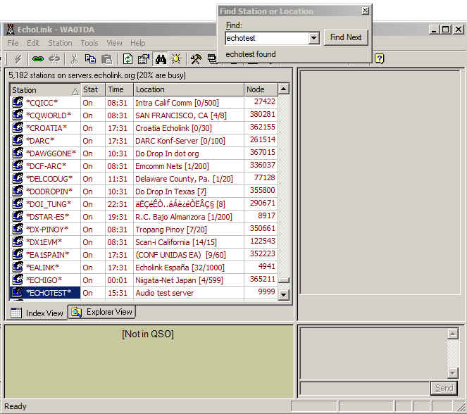 Echolink screenshot showing Find dialog box with ECHOTEST entered.