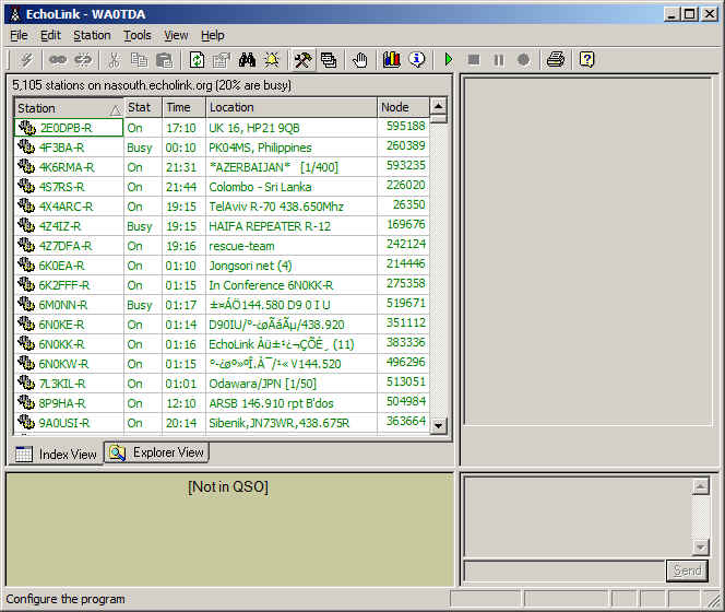Echolink screenshot showing the station list successfully loaded, indicating that the proxy is working. 