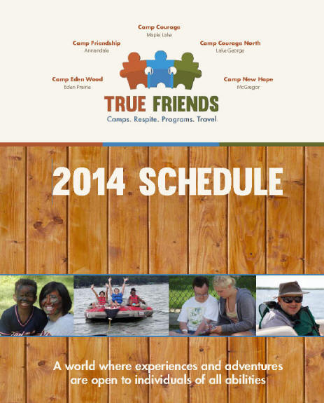 Screenshot of True Friends 2014 catalog with camper pictures on knotty pine board background.