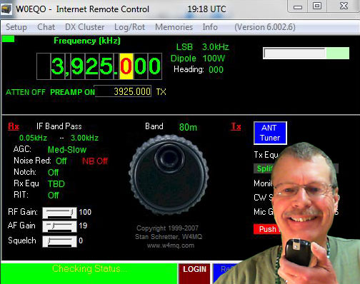 Pat, WA0TDA, holding microphone, superimposed on screenshot of W0EQO Internet remote control interface