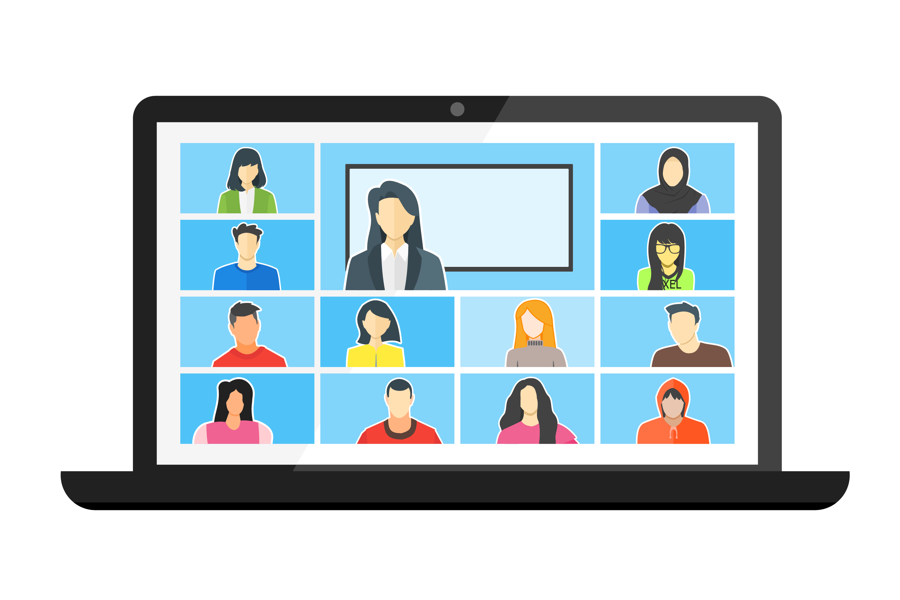 Cartoon of laptop with multiple people attending a virtual class on the screen.