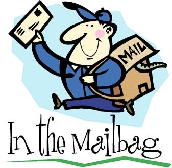 Photo of mail carrier with mail bag and letter.