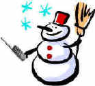 Cartoon snowman holding handy-talkie.