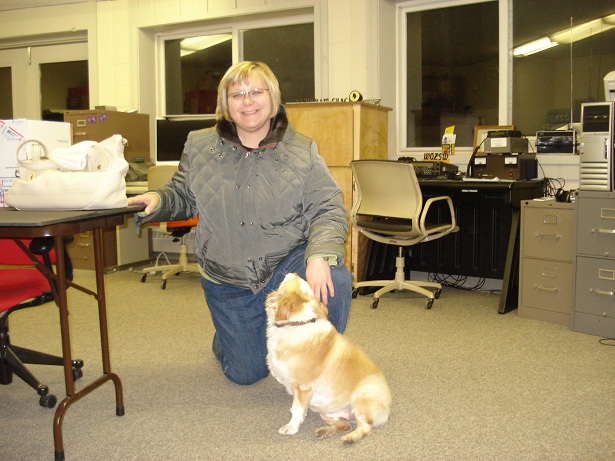 Susan Tice and Jasper at the Handiham HQ office, getting ready for the hamfest.