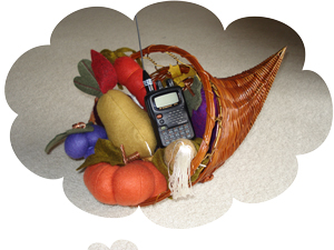 Cornucopia showing bountiful harvest of fruit and a handheld radio